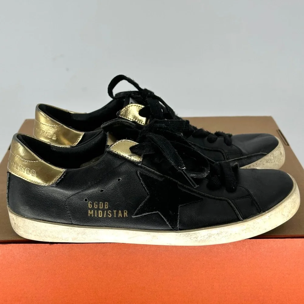 Golden Goose Superstar Black Leather Sneakers Low Trainers‎ Gold Heel Italy 39